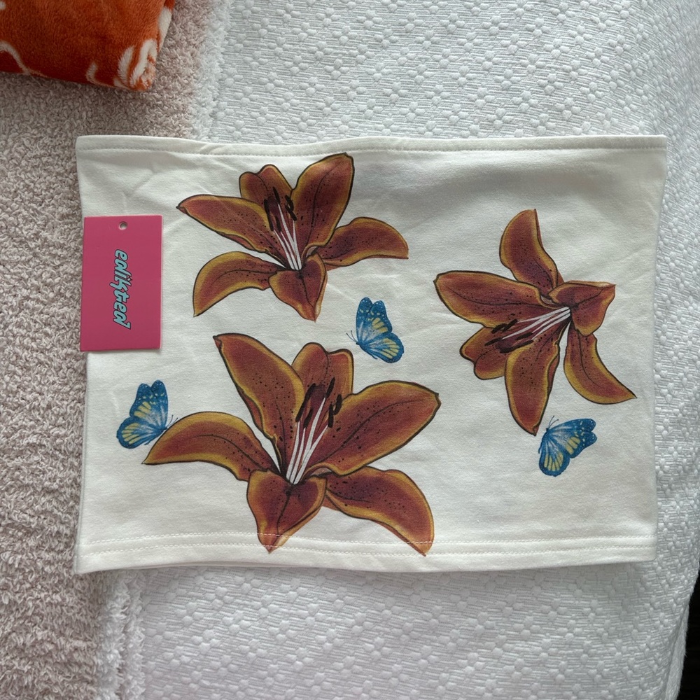 Edikted White Tube Crop Top with Brown Floral & Blue Butterfly Print